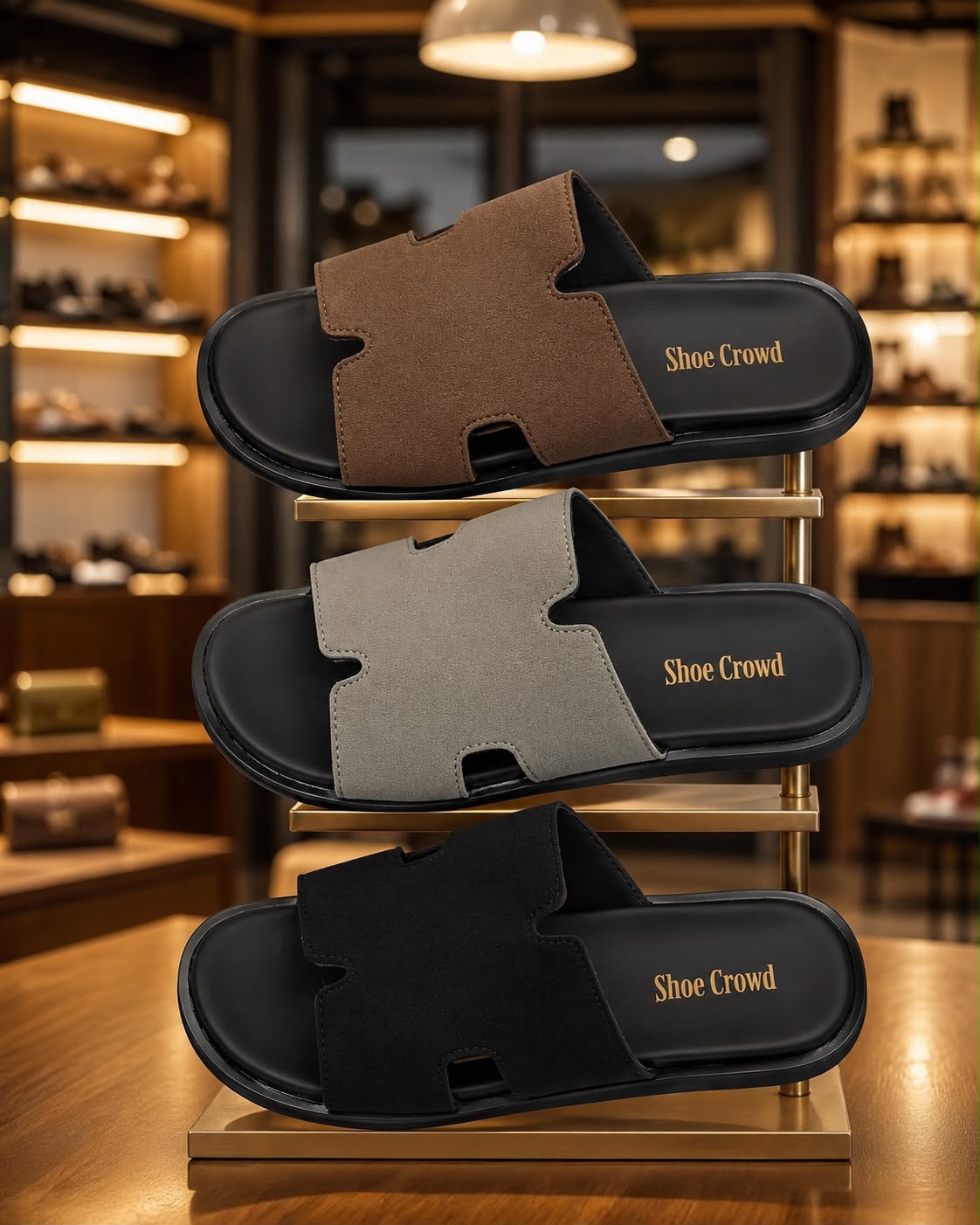 Shoe Crowd Men’s Premium Suede H-Strap Slides – Luxury Casual Slip-On Sandals