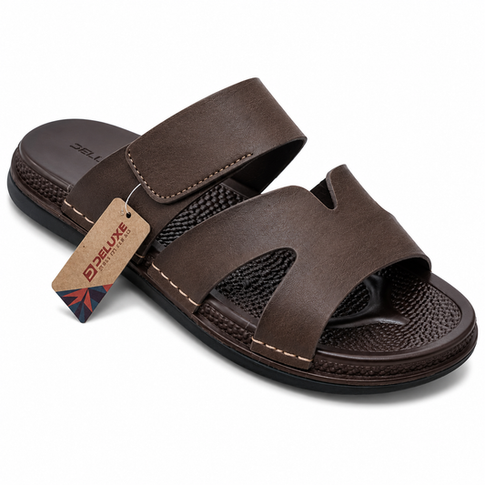 Deluxe Men's Premium Textured Brown Slides – Casual Comfort Dual-Strap Sandals