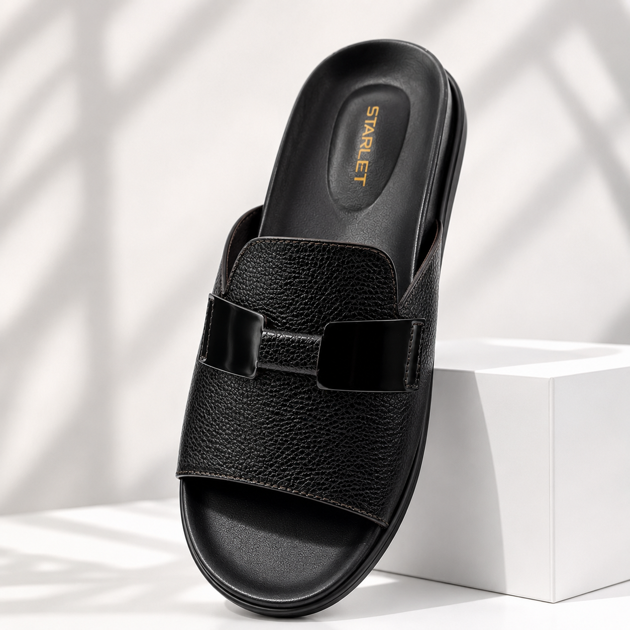 Starlet Men’s Luxury Textured Black Slides – Premium Casual Slip-On Sandals