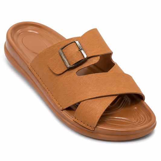 Men's Classic Tan Criss-Cross Strap Sandals – Casual Comfort Buckle Slides