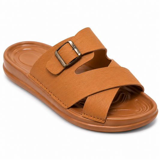 Men's Classic Tan Criss-Cross Strap Sandals – Casual Comfort Buckle Slides