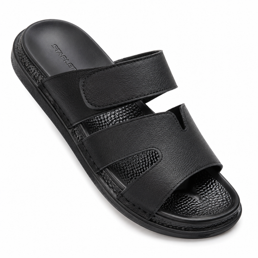 Sela Men’s Premium Dual-Strap Cutout Sandals – Comfort Casual Black Slides