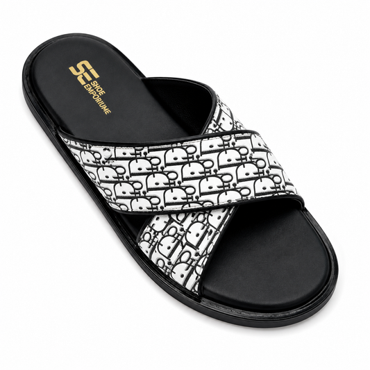 Men's Premium Monogram Cross-Strap Slides – Casual Luxury Slip-On Sandals
